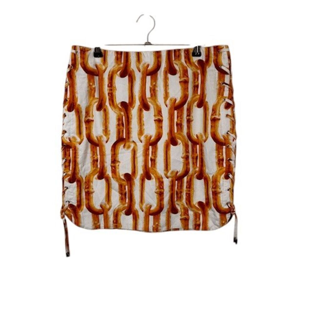 Etcetera Stretch Pencil Skirt Side Laces Back Zipper Orange White Chain Print 6